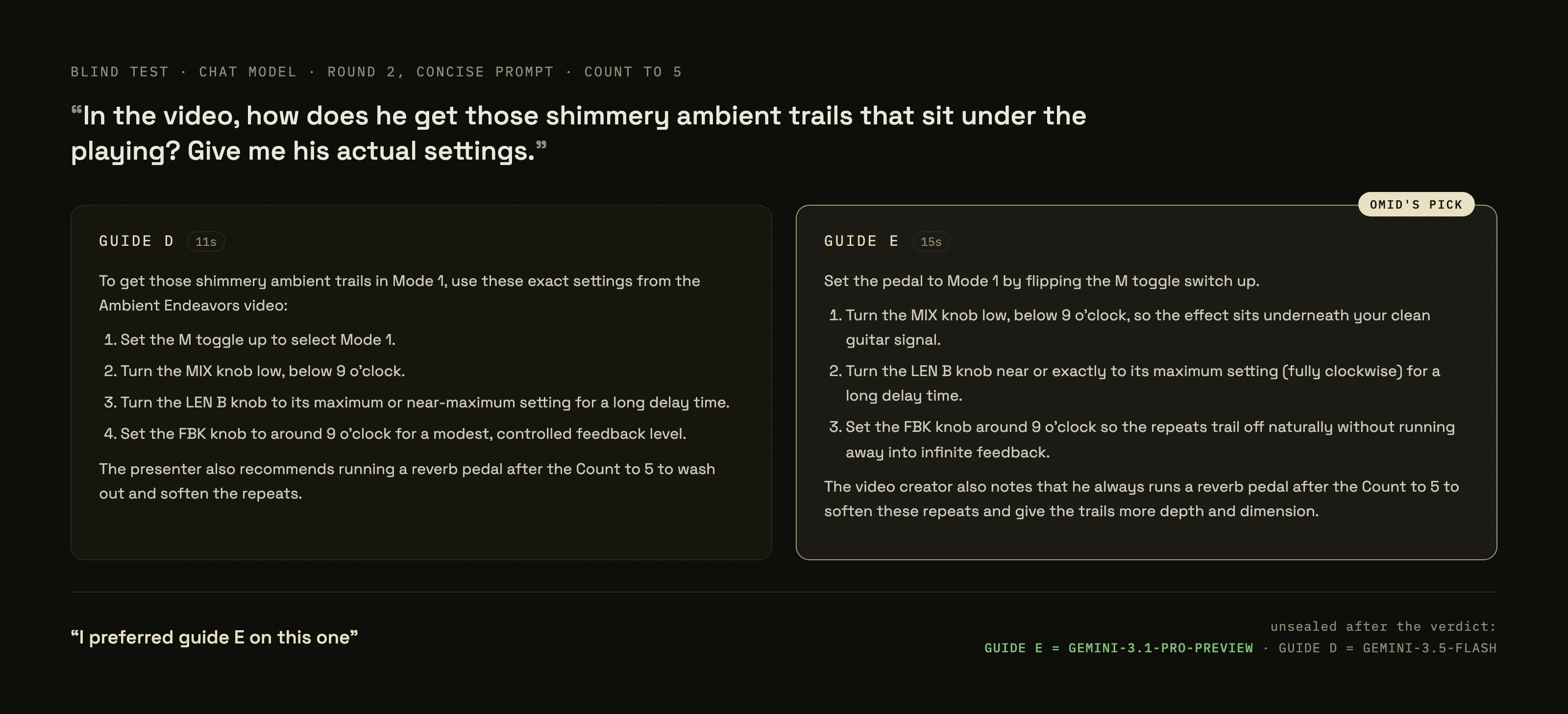 The real blind test: Guide D vs Guide E, verbatim, with the pick and the reveal