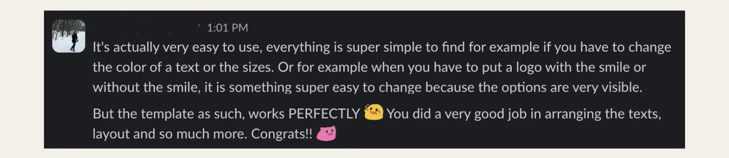 Two Slack messages from production designers after adopting the template