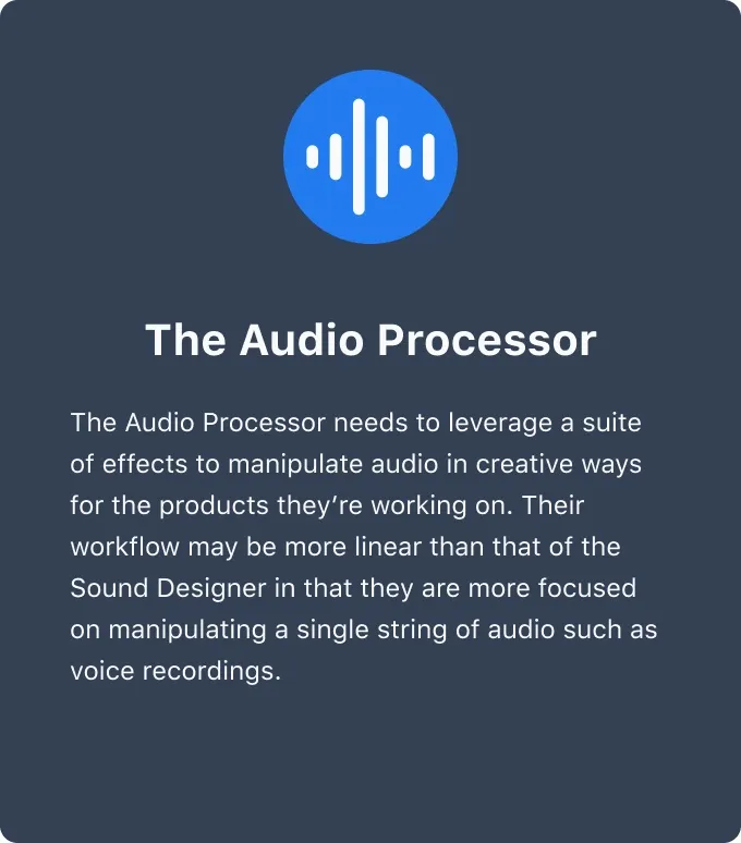 Three archetype cards from the interviews: the engineer, the audio processor and the sound designer
