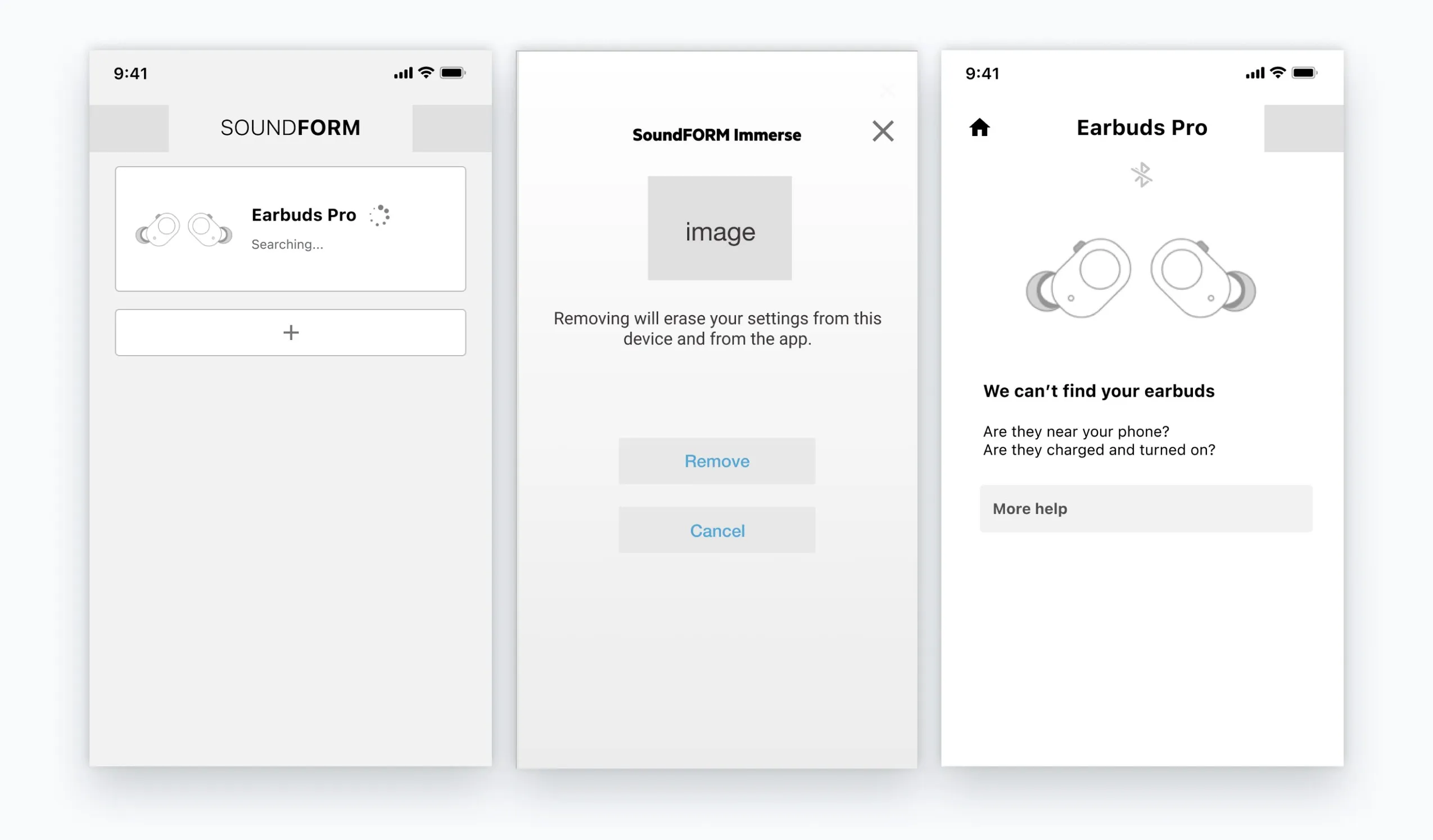 Three core SoundForm screens: searching, remove device, and can't find your earbuds