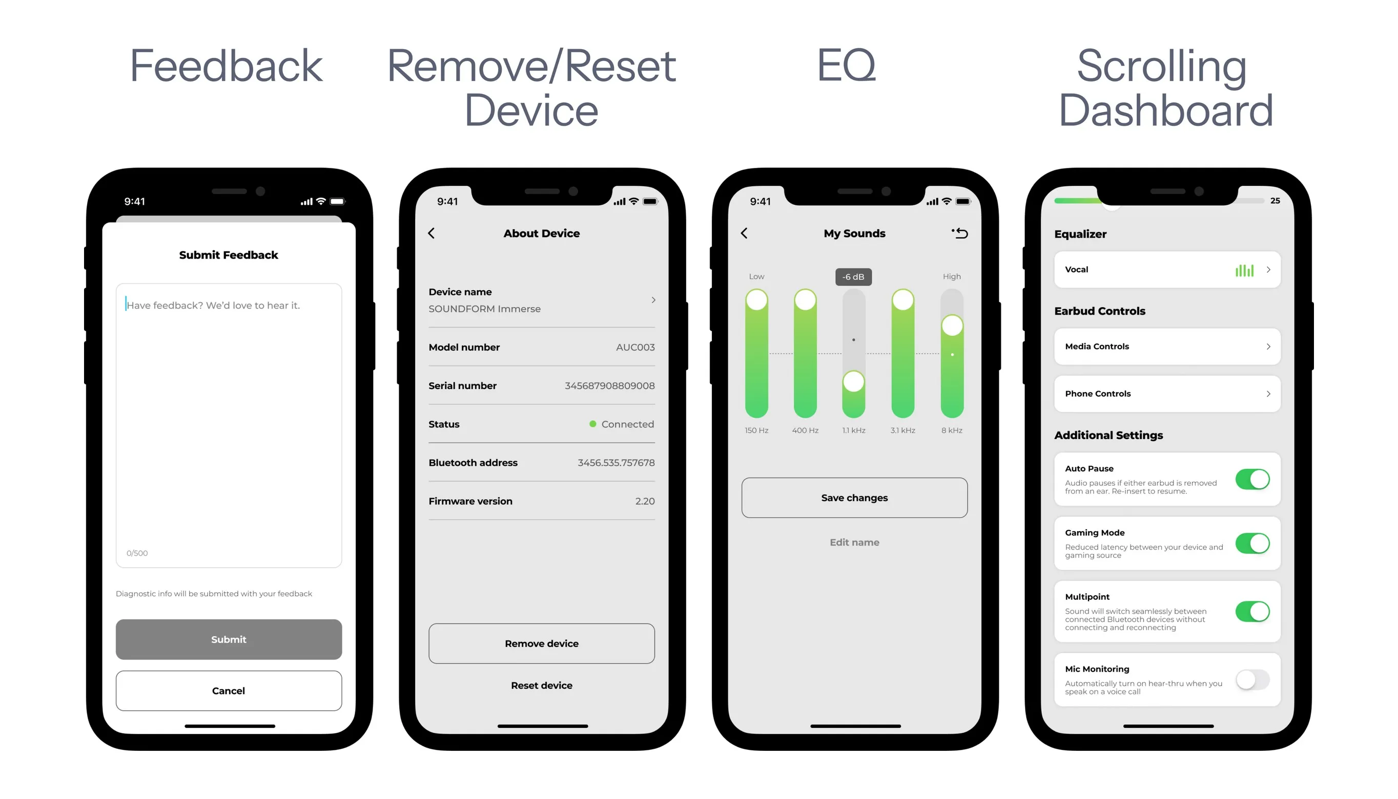Four 1.0 feature screens: feedback, remove or reset device, EQ and the scrolling dashboard