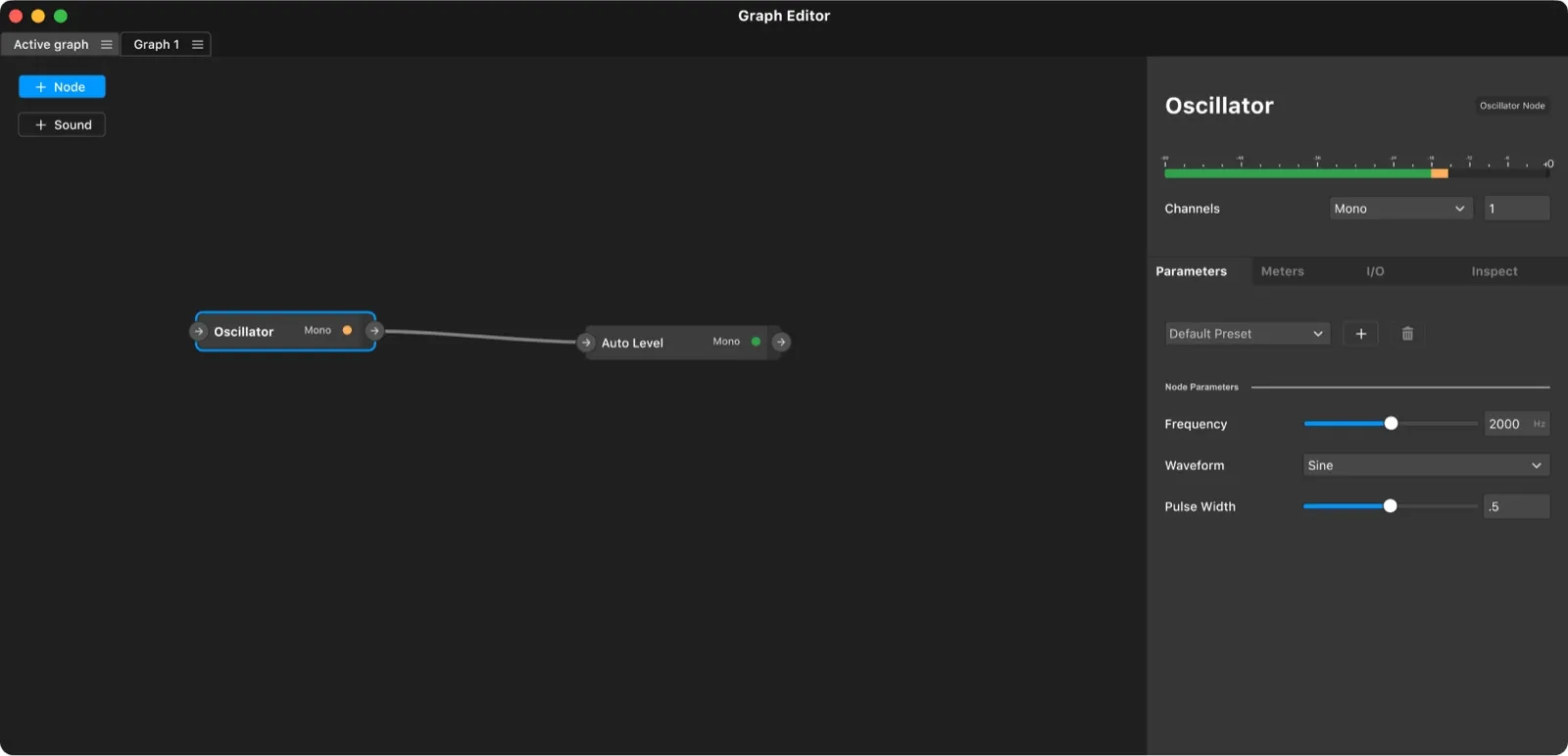 The redesigned Graph Editor with the oscillator node and its parameter panel