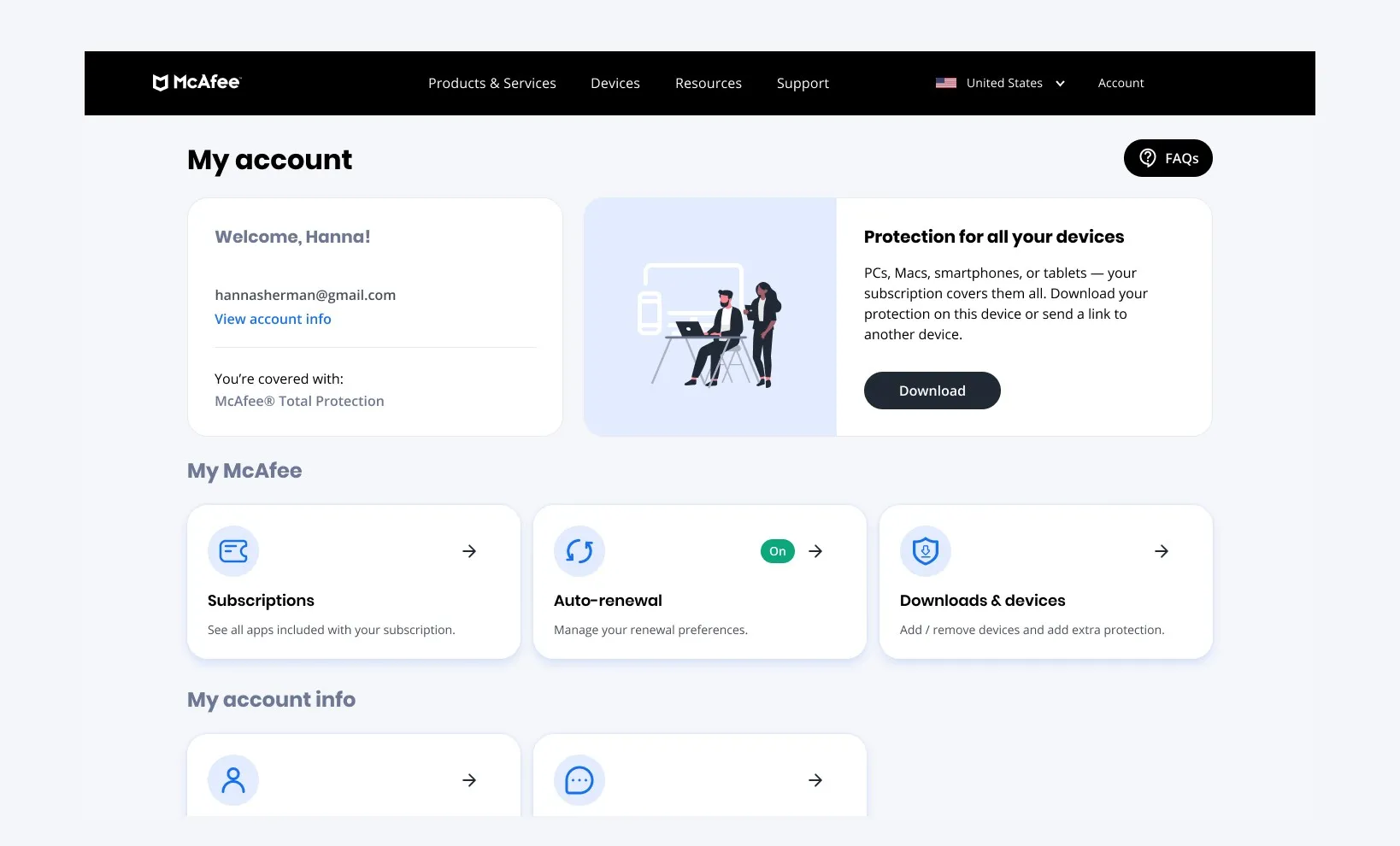 The new My Account home: cards for downloads, subscriptions and auto-renewal