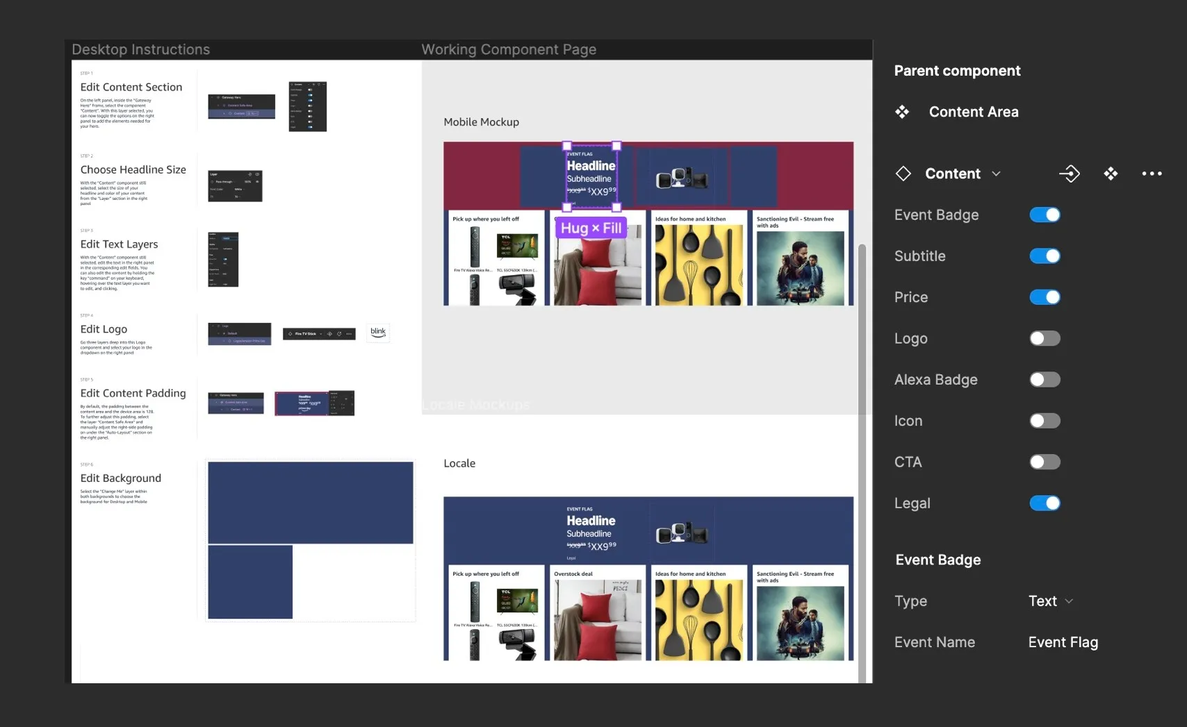 Template mockup with the properties panel open
