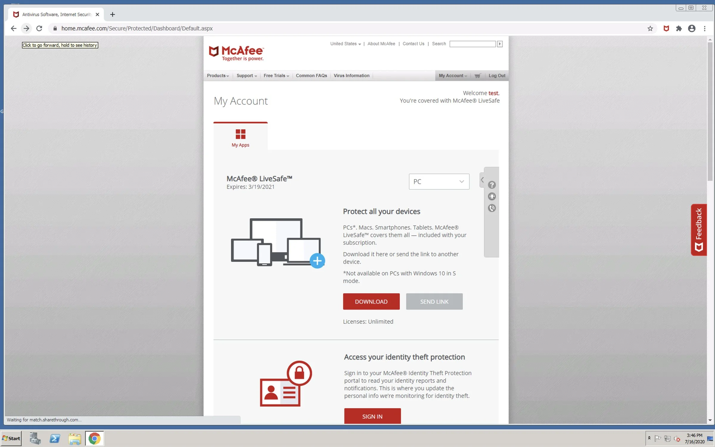 The old My Account page: navigation in a dropdown, devices in tabs