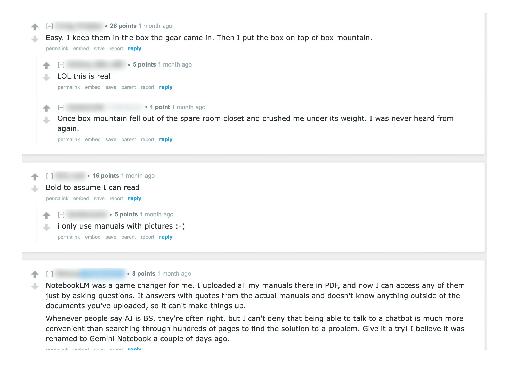 The research thread (usernames redacted)