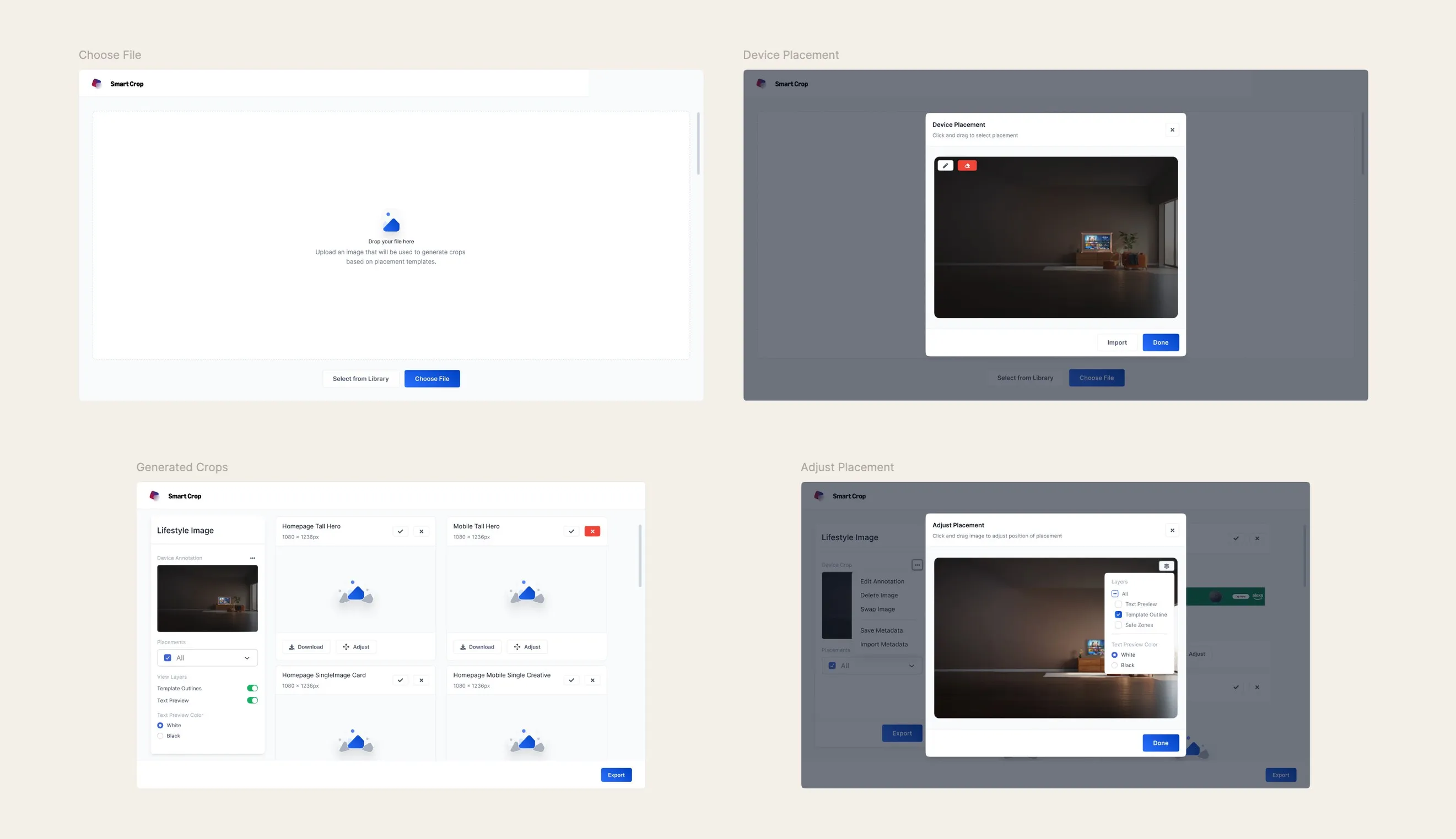 Four screens of the Smart Crop tool inside Figma and as a web app