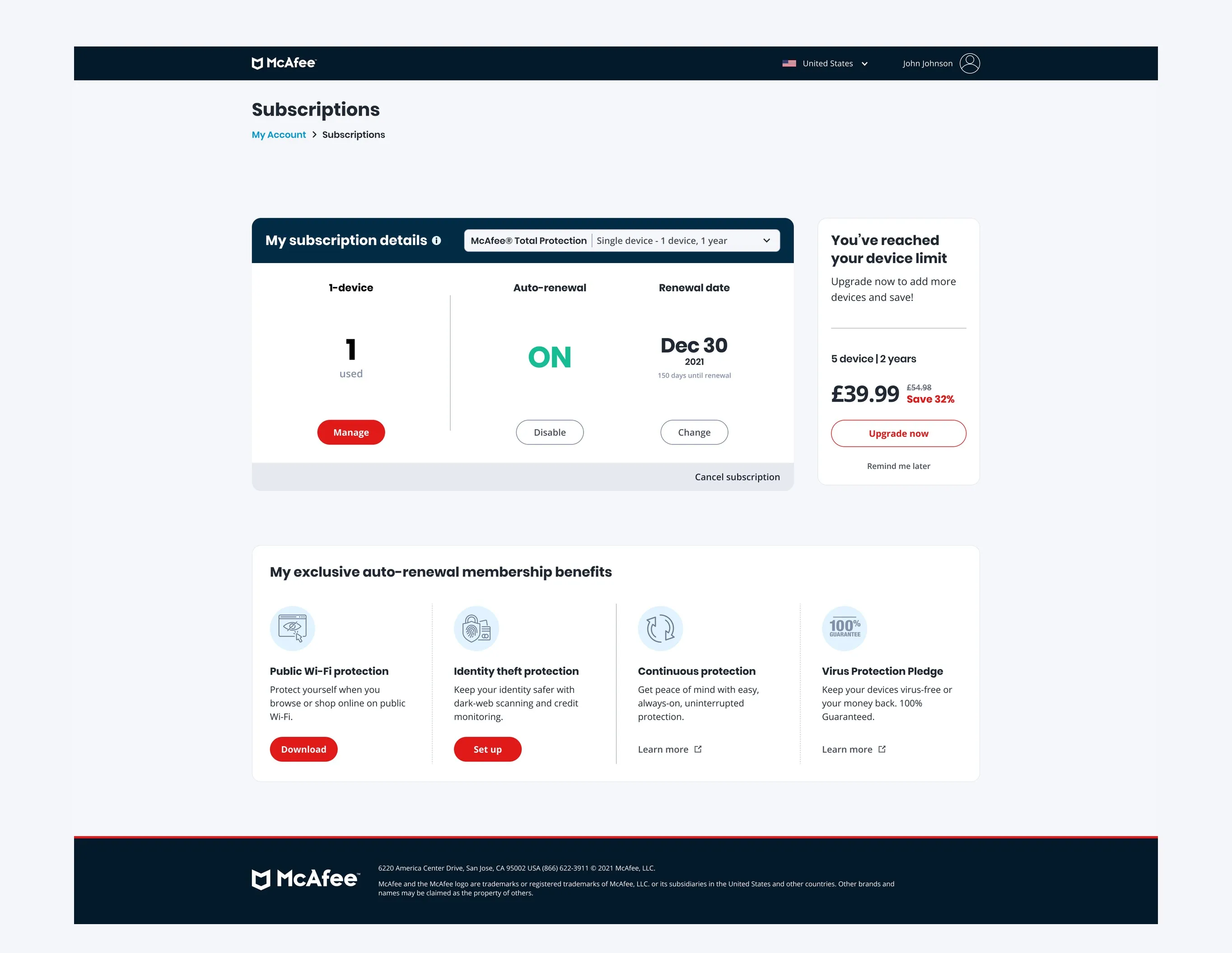 The merged subscriptions page: plan details, the auto-renewal setting, and the membership benefits on one page