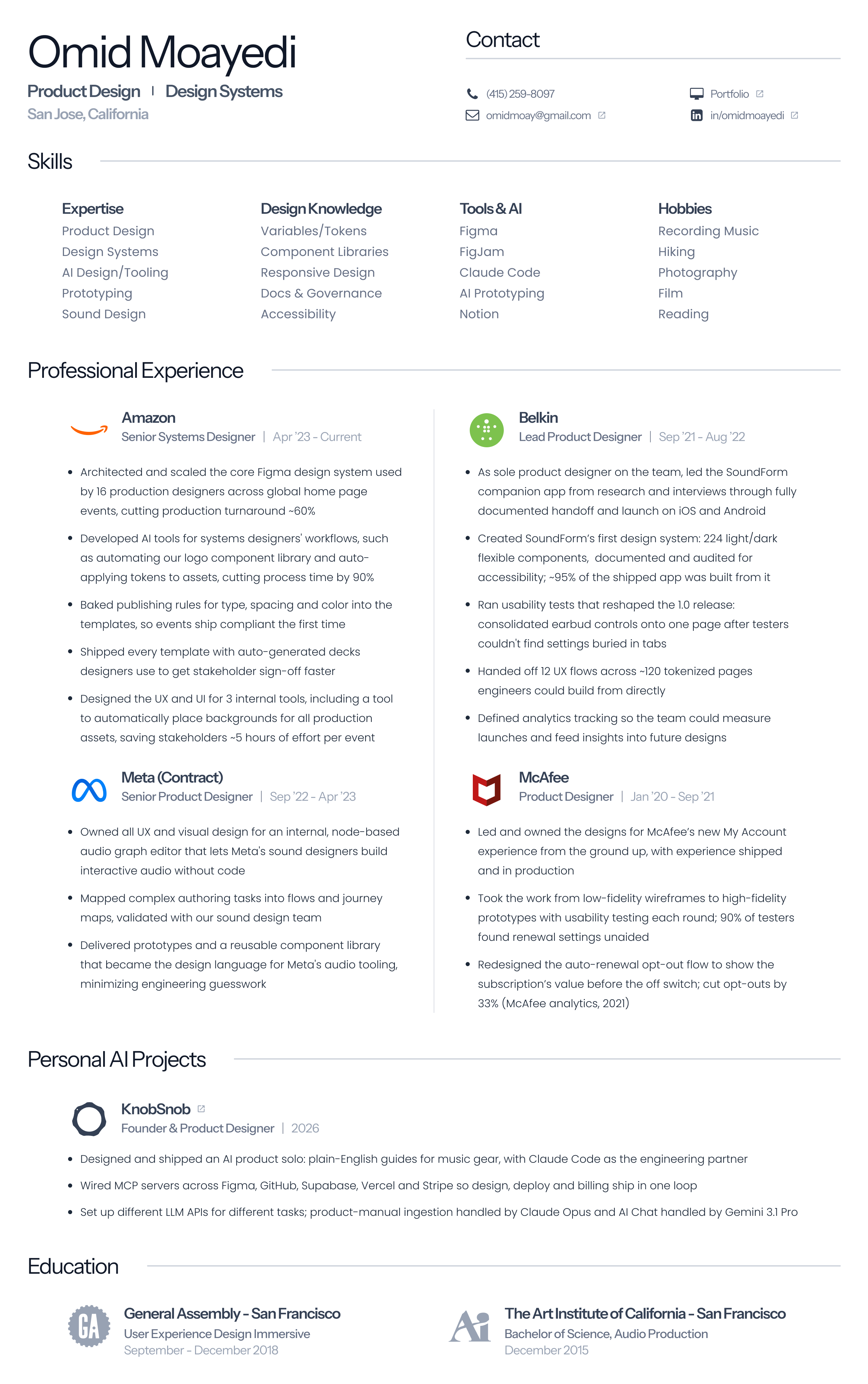Omid Moayedi's resume: Product Designer, Design Systems. Full text version below.